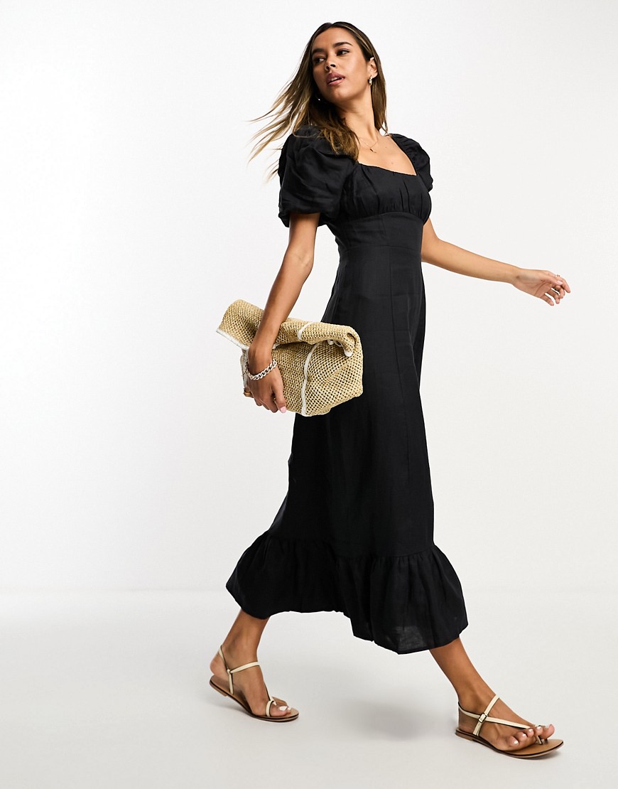 & linen puff sleeve midaxi dress with split in black