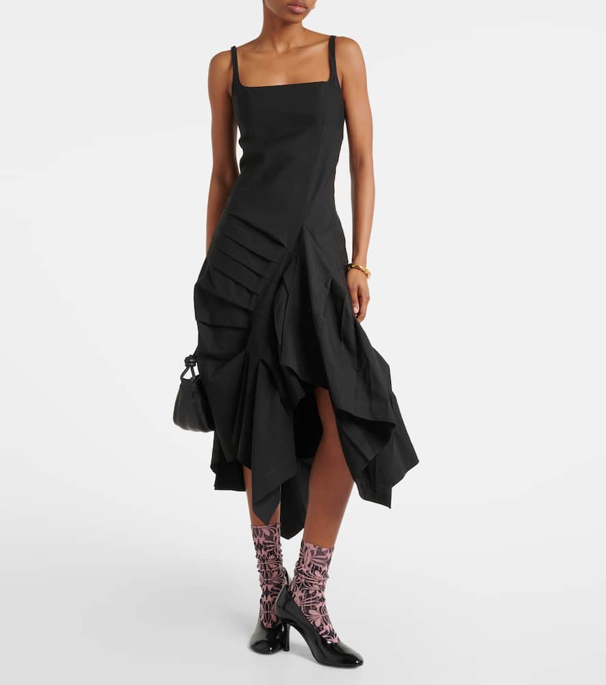 Draped pleated linen and cotton midi dress