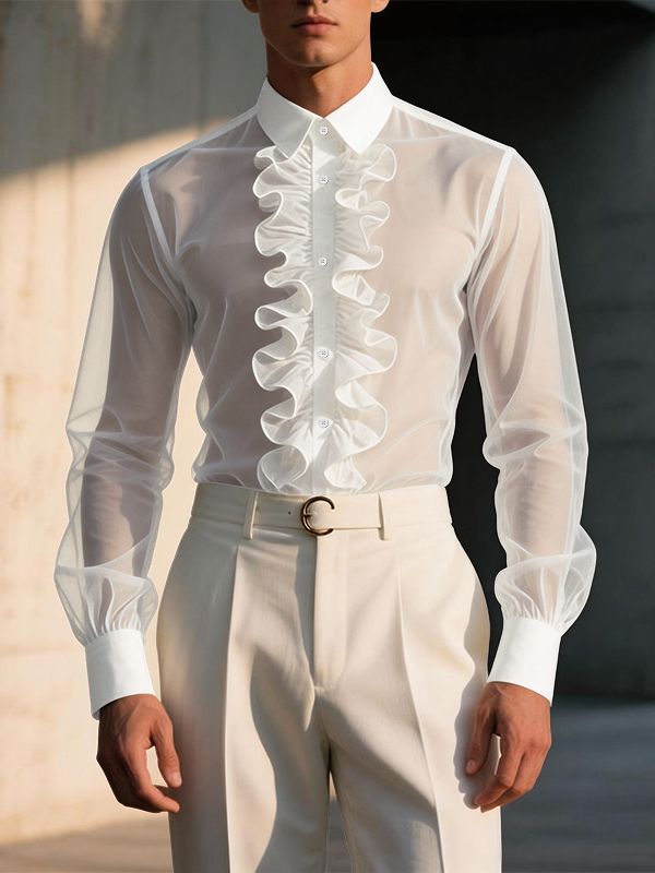 Men's Avant-Garde Romantic Sheer Mesh Ruffled Front Button-Down Shirt SKUL63169 - White / S