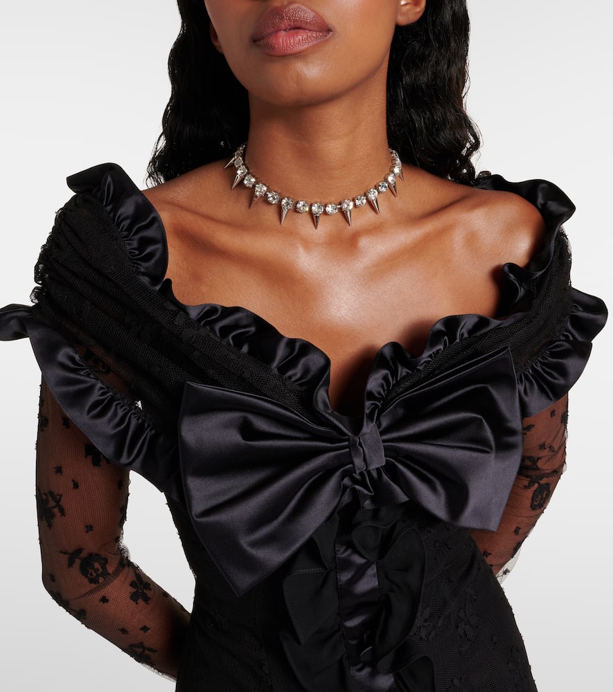 Bow-detail ruffled off-shoulder lace gown