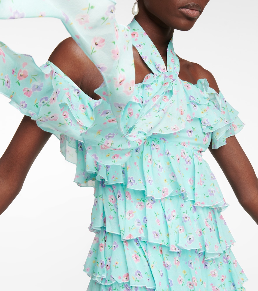 Halterneck ruffle-detail silk minidress
