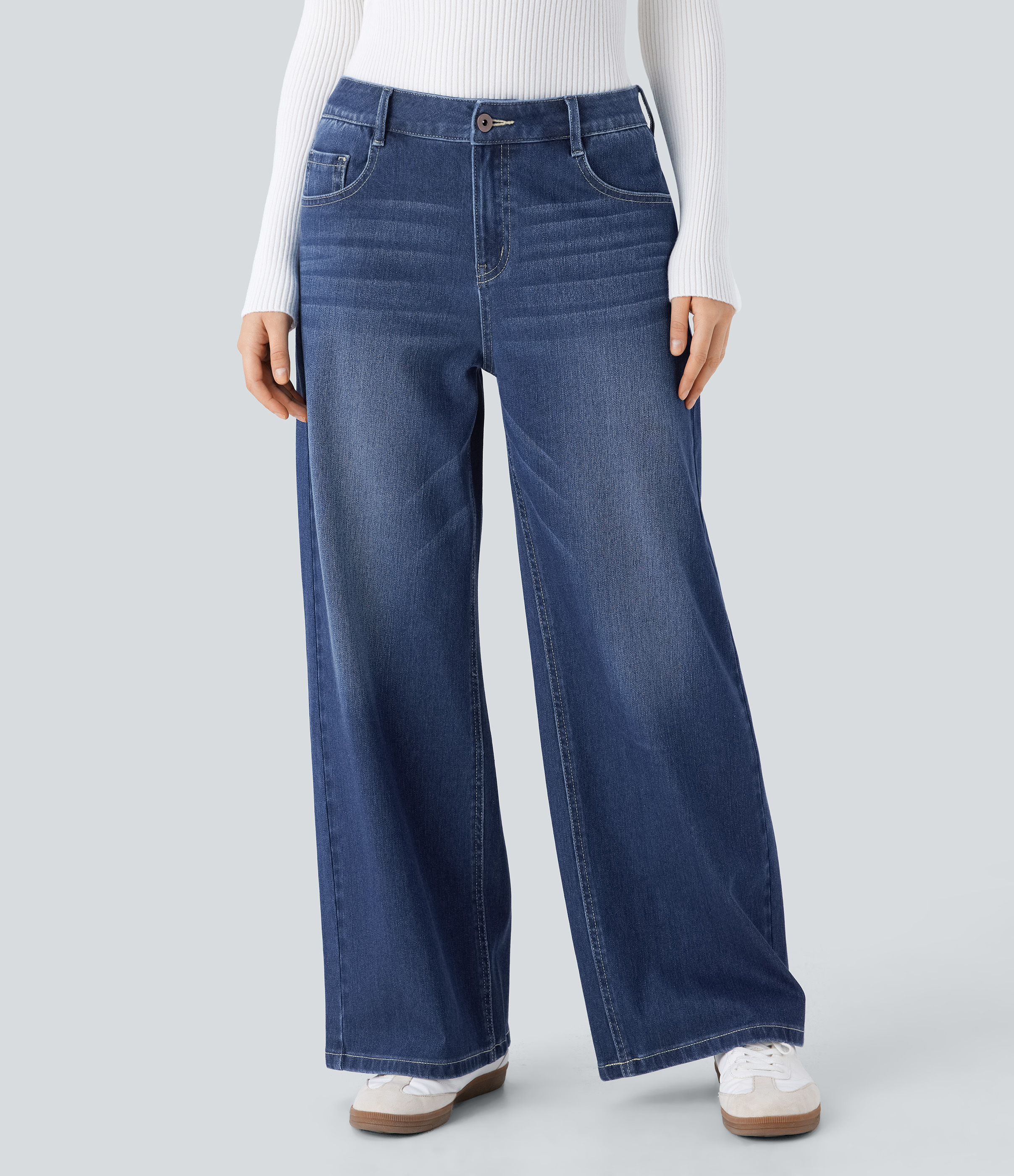 Flex™ Low Rise Zipper Pockets Washed Baggy Wide Leg Casual Jeans  - Paint Blue Denim