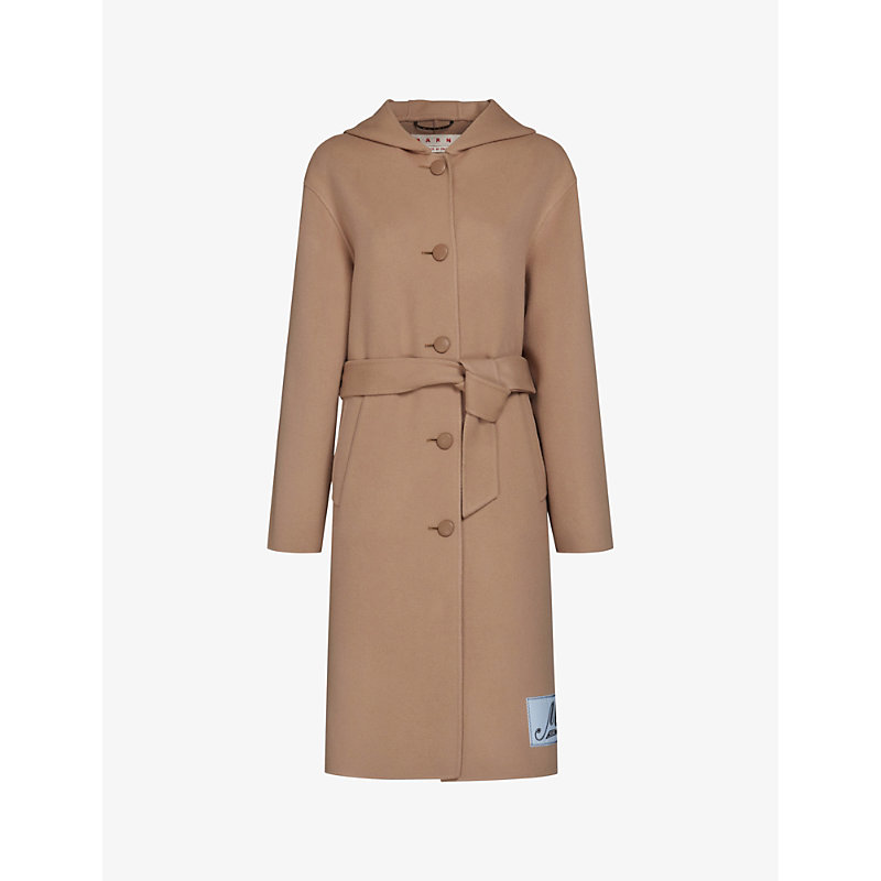 Womens Dijon Deconstructed-shoulder Adjustable-belt Relaxed-fit Wool-blend Hooded Coat 8