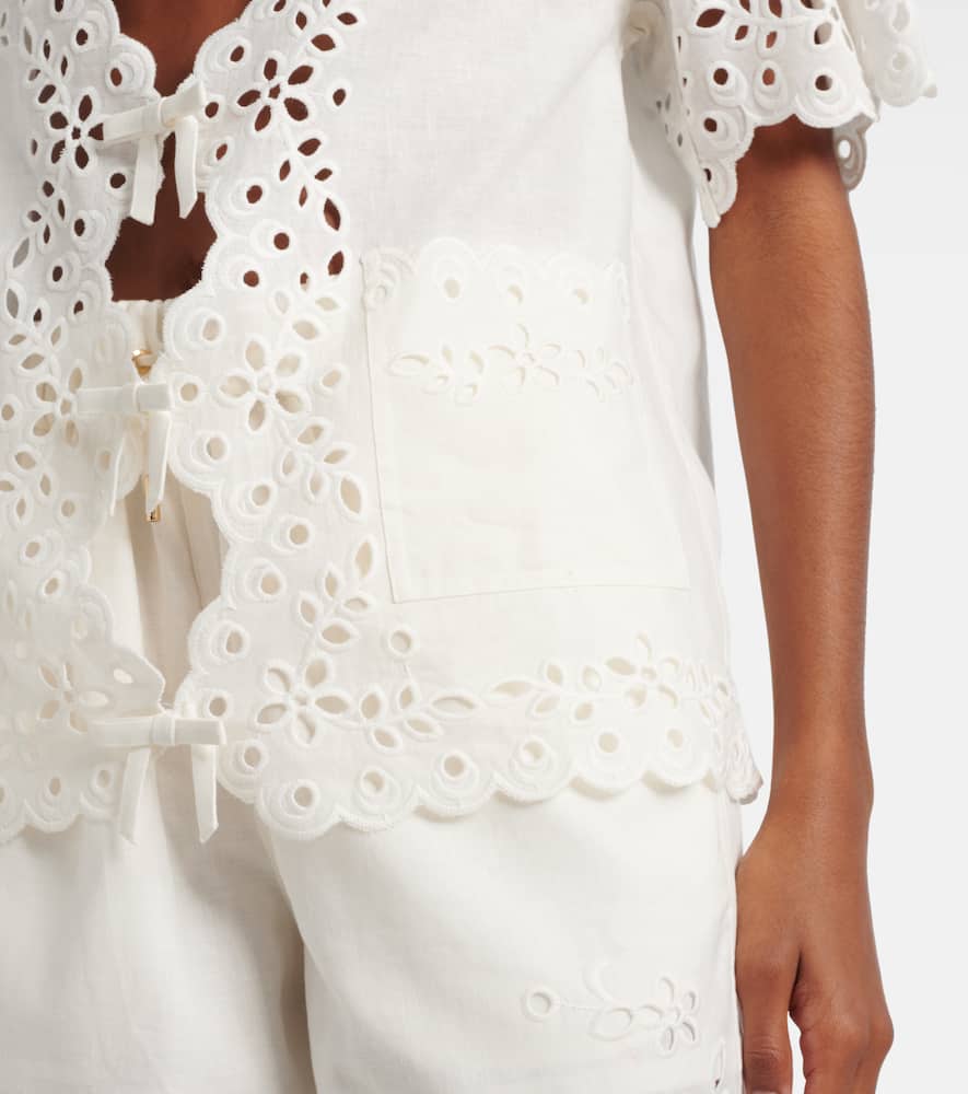Self-Portrait Embroidered cutout linen and cotton top