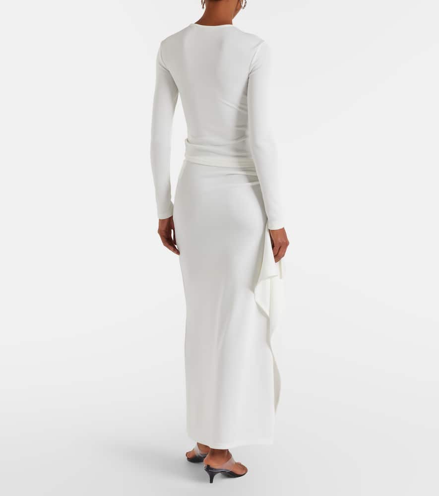 Ribbed-knit draped midi skirt