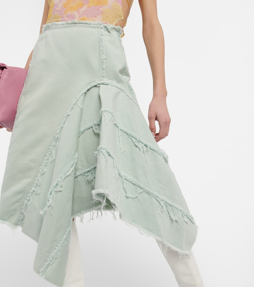 Distressed denim midi skirt
