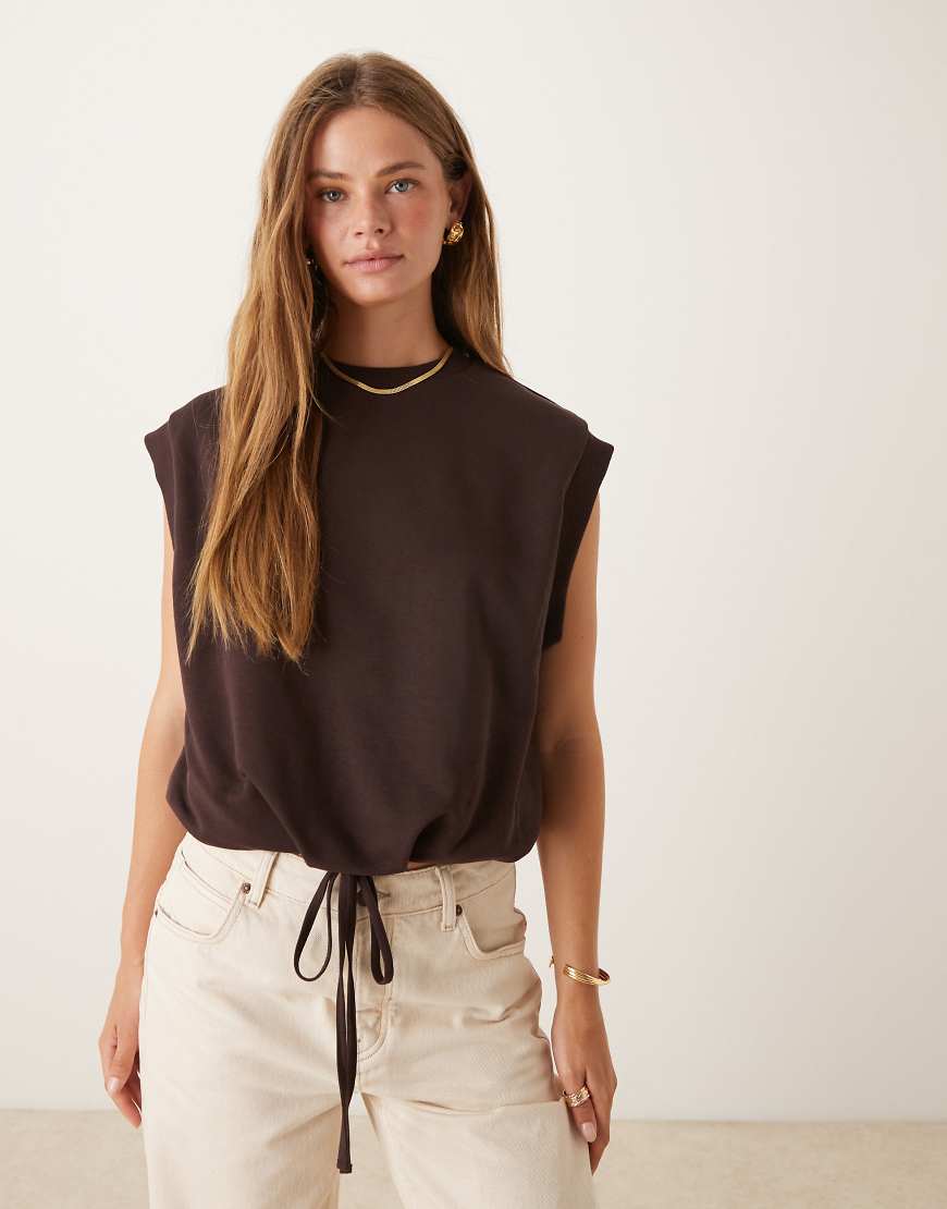 Bubble hem co ord sweat top with drawstring detail in dark brown