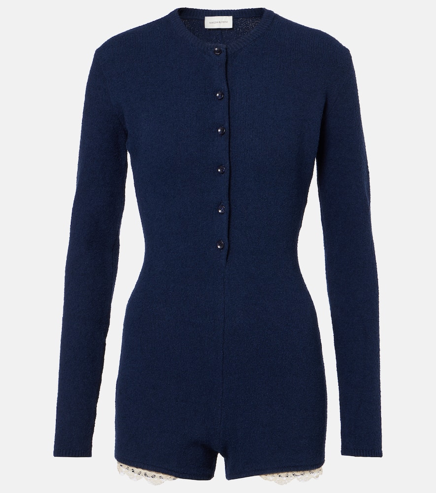 Lace-trimmed knitted cotton-blend romper