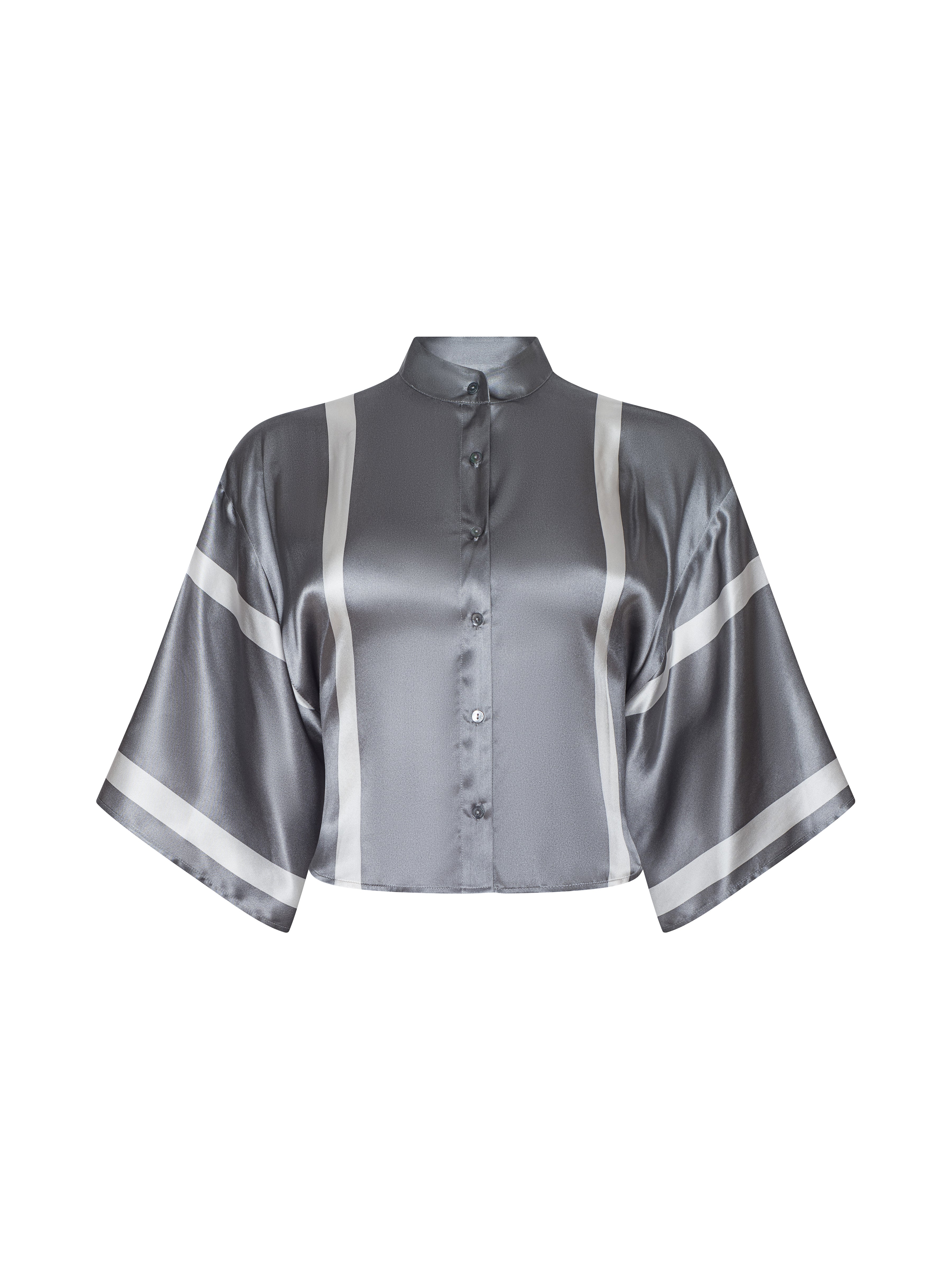 Dru Silk Blouse Top In Light Grey/white Placement Stripe