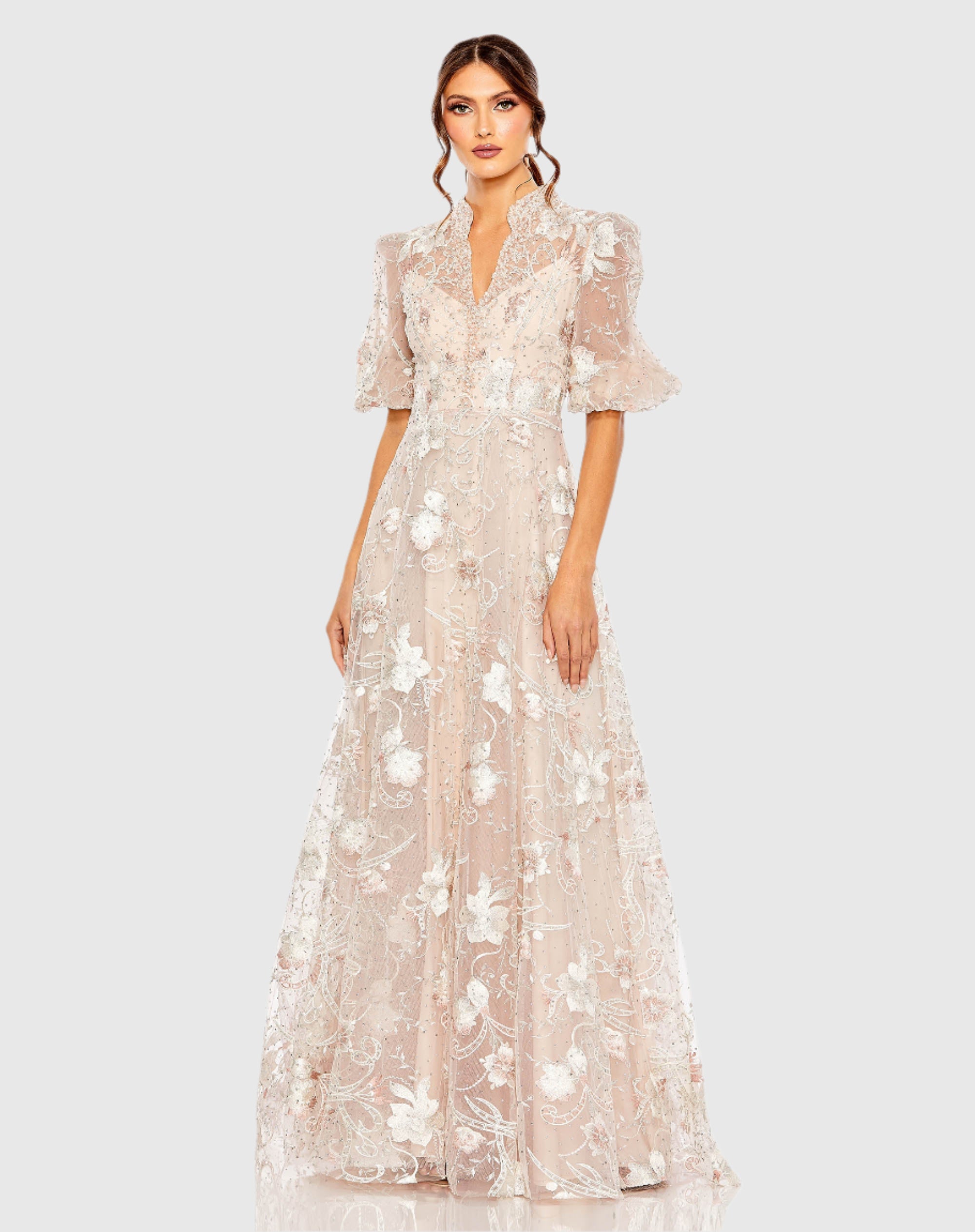 Queen Anne Puff Sleeve A Line Maxi Gown In Light Pink
