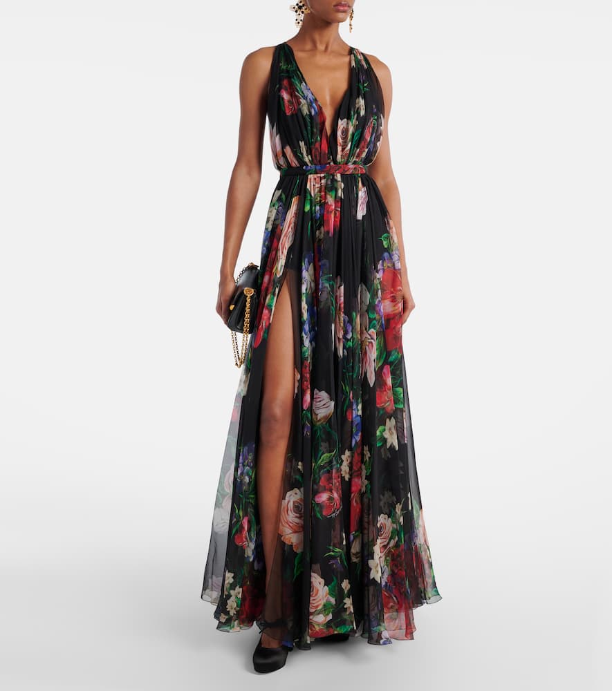 Floral pleated silk chiffon gown