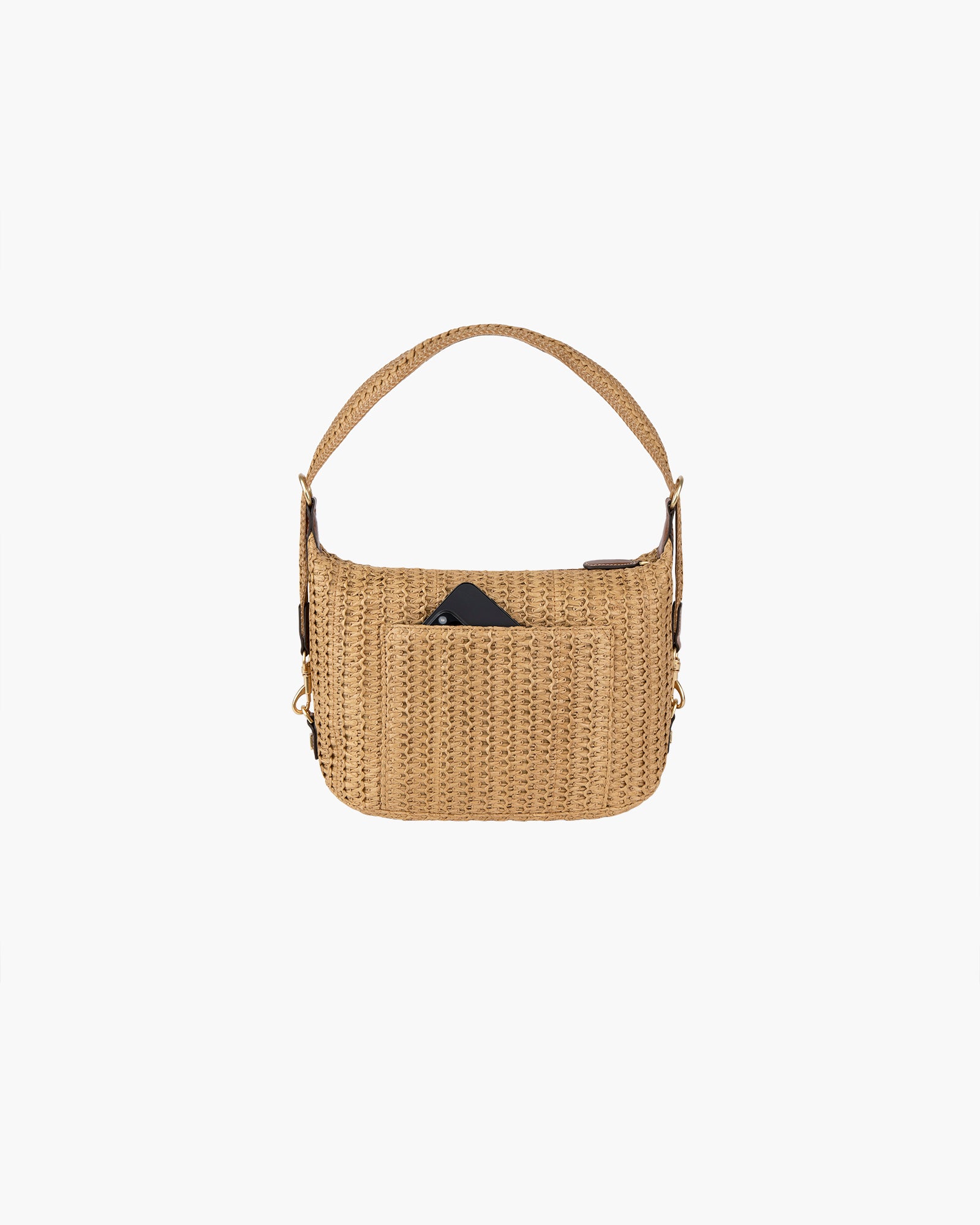 Woven Raffia Hobo Bag with Leather Trim - Natural Color