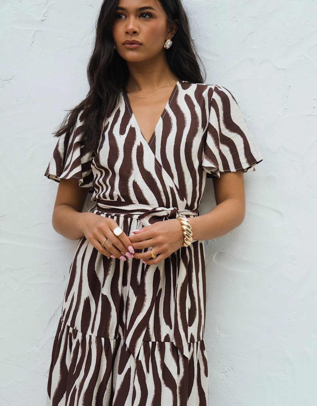 Gini London Women's Chocolate Zebra Print Wrap Midi Dre