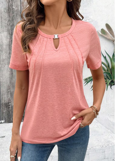 Modlily Pink Cut Out Short Sleeve Round Neck T Shirt