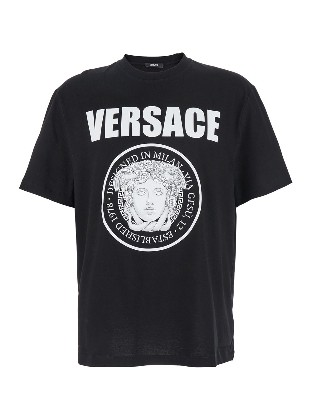 Black Crewneck T-shirt With Maxi Logo Print On The Front In Cotton Man