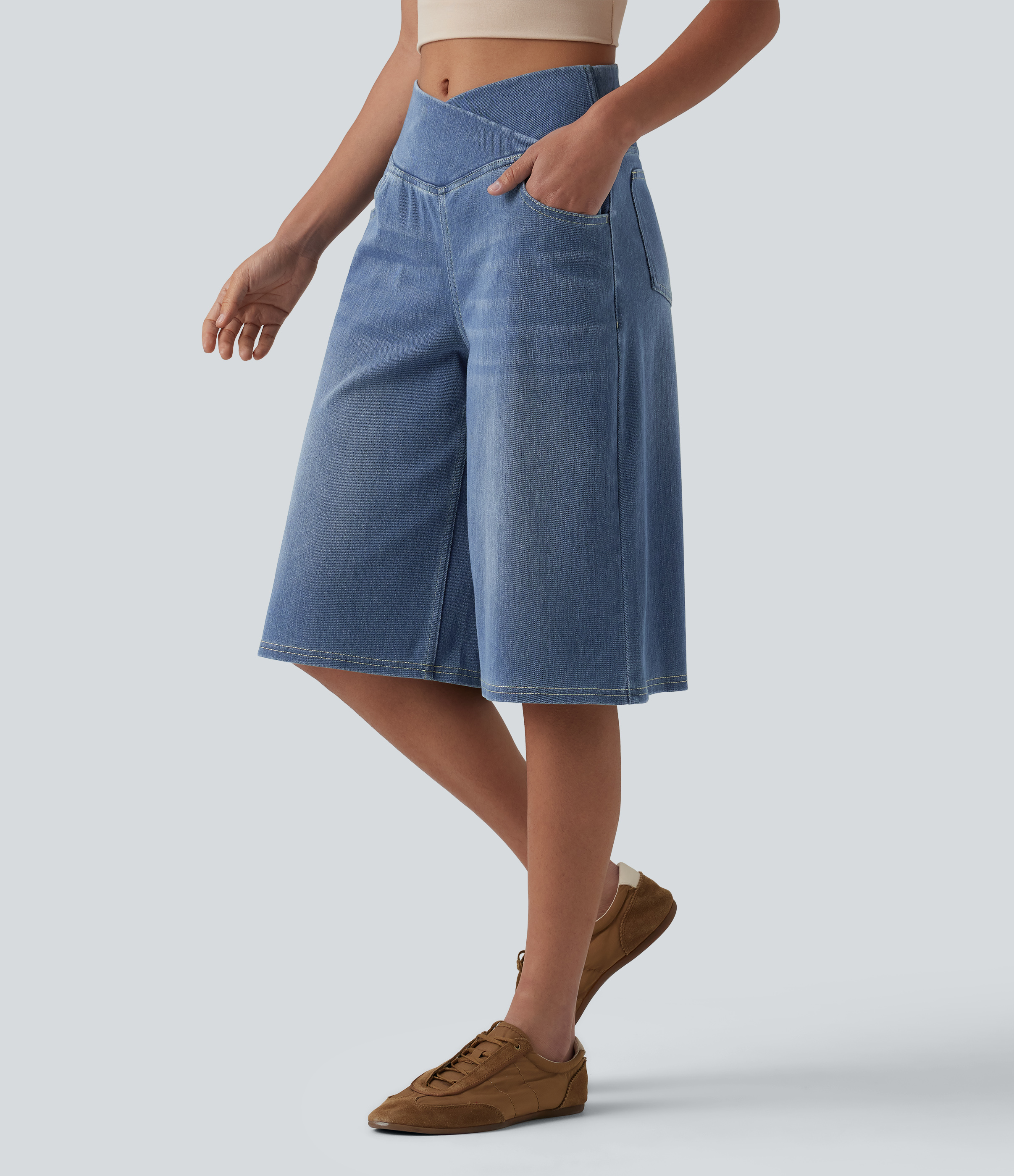 Halara Halara Flex™ Crossover High Waisted Tummy Control Denim Casual Baggy Bermuda Shorts with Pockets - Blue Jasper Denim - XLregular