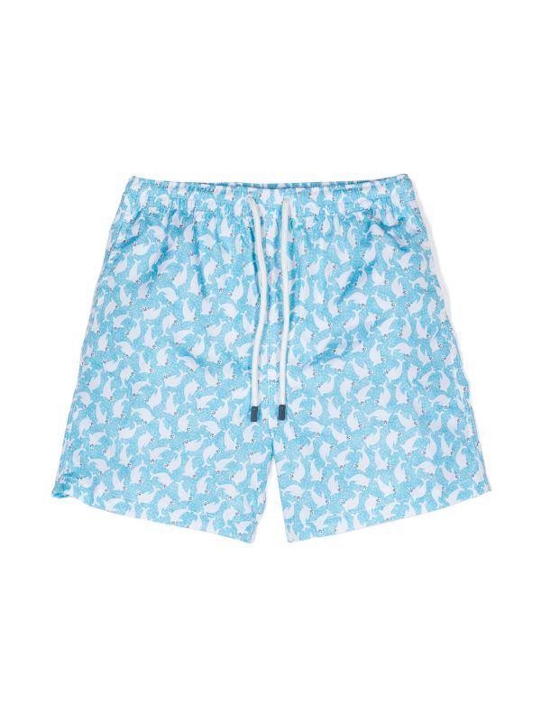 Graphic-Print Drawstring-Waistband Swim Shorts — Light Blue