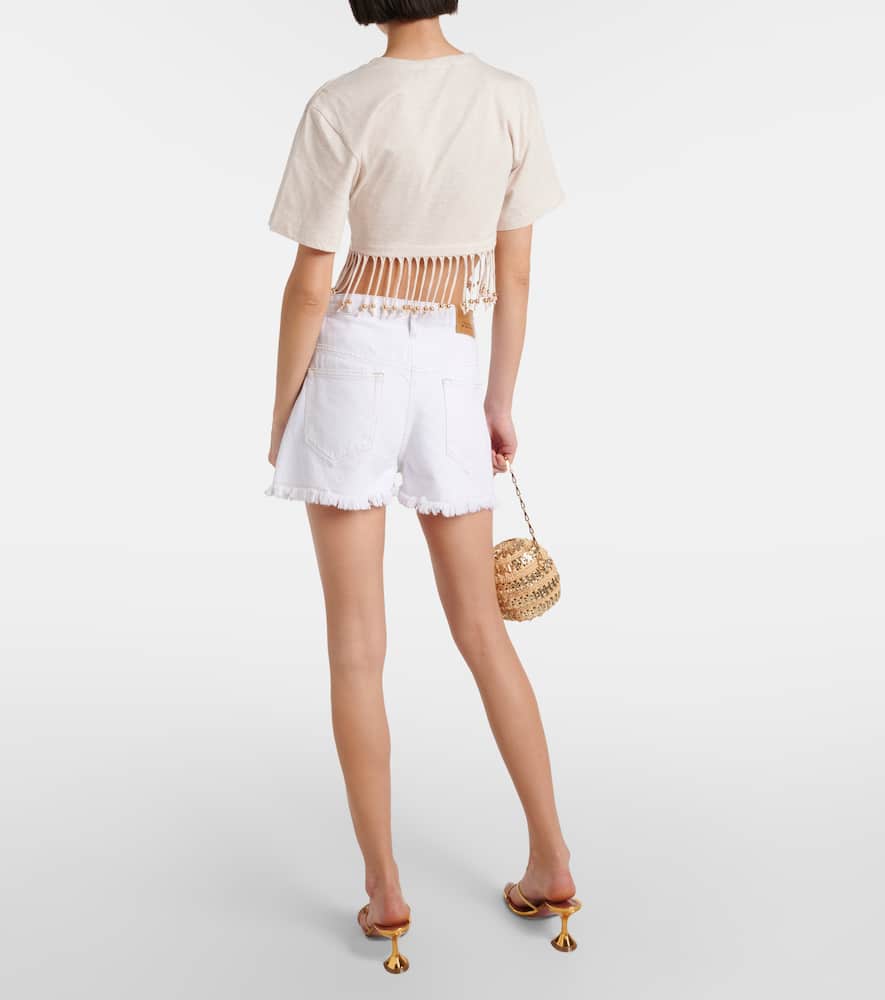 Rabanne Fringed beaded cotton jersey crop top