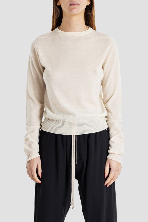Fine Knit Crew-Neck Sweater — Beige