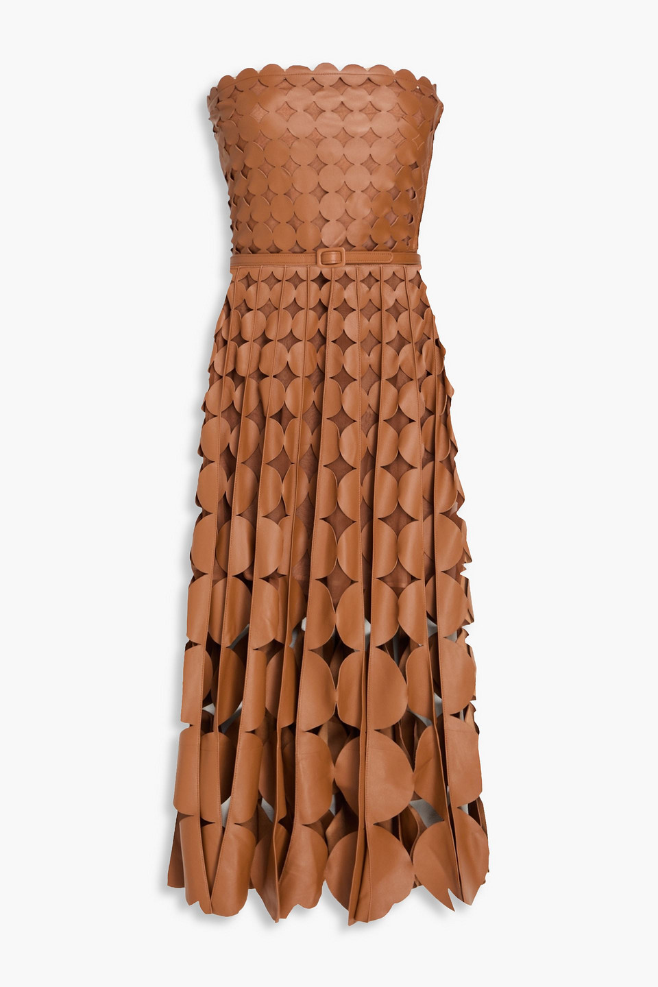 Strapless belted cutout leather midi dress - Brown - US 0