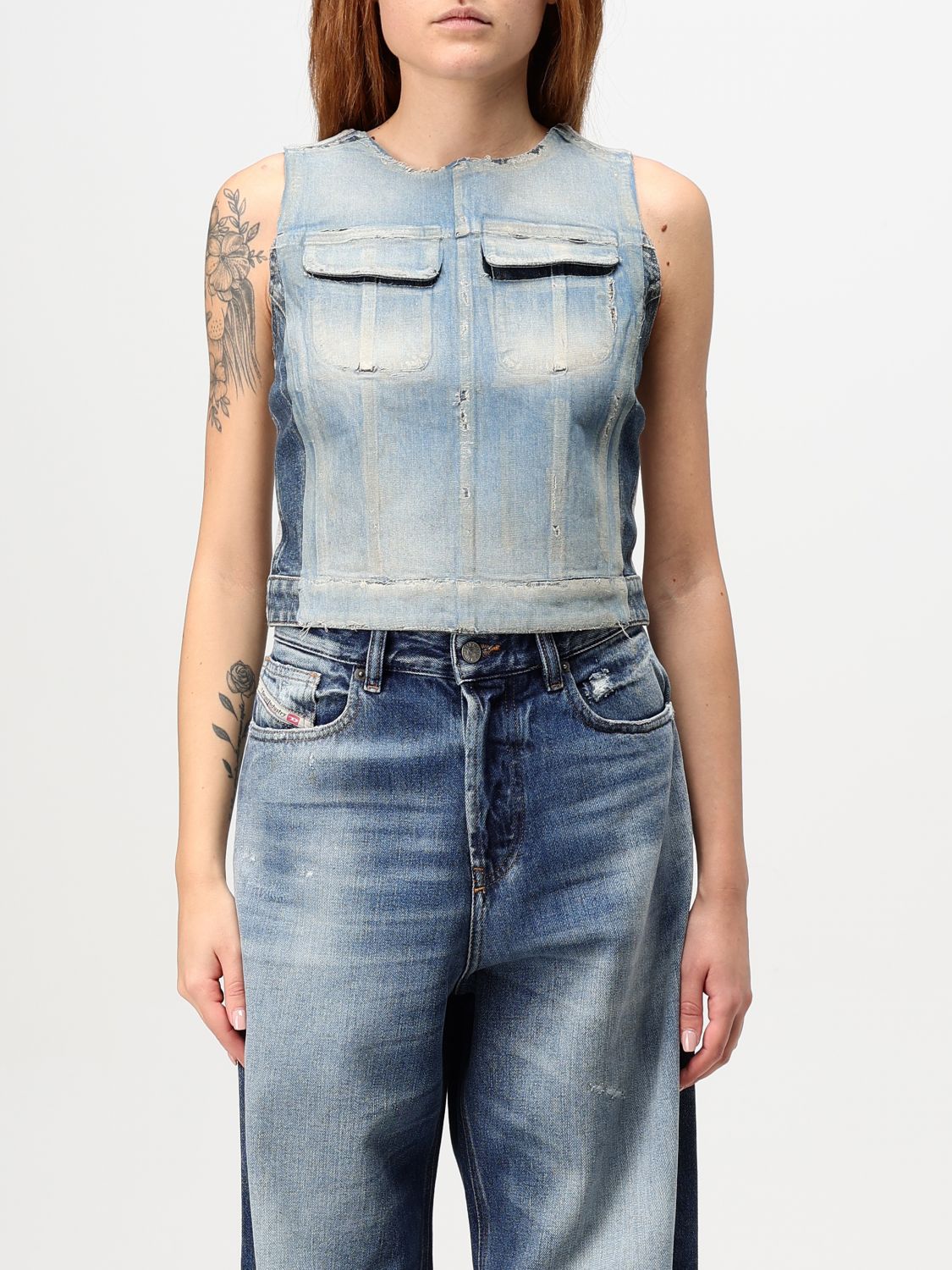 Top in peel-off denim and jersey