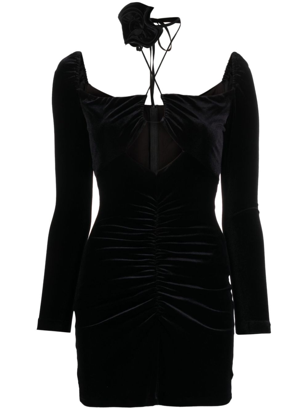 Rose-appliqué ruched velvet minidress - Black