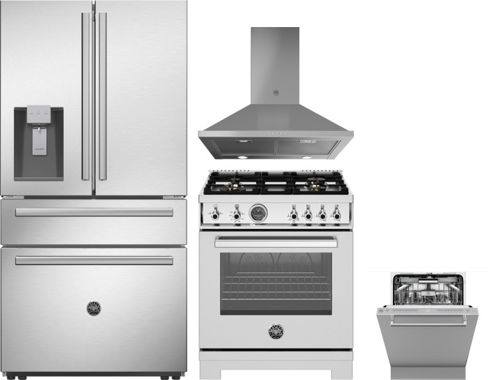 Bertazzoni 4 Piece Kitchen Appliances Package with French Door Refrigerator, Gas Range and Dishwasher in Stainless Steel BERERADWRH1189