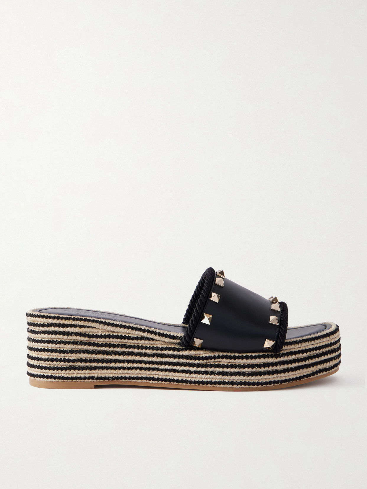 Rockstud Leather Platform Espadrille Slides - Black