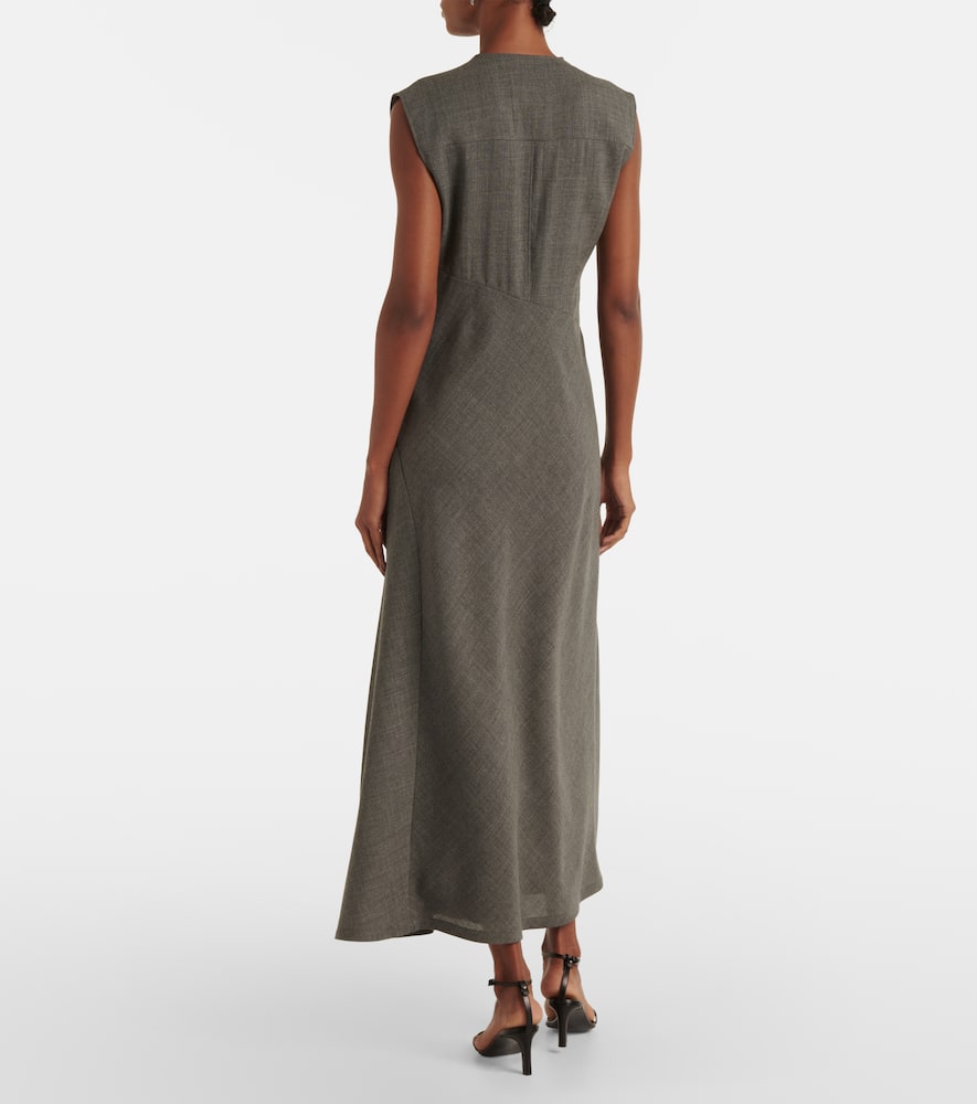 Tie-neck virgin wool canvas midi dress
