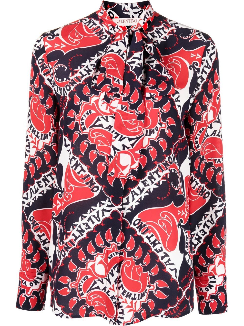 Geometric logo-print pussybow blouse - Blue