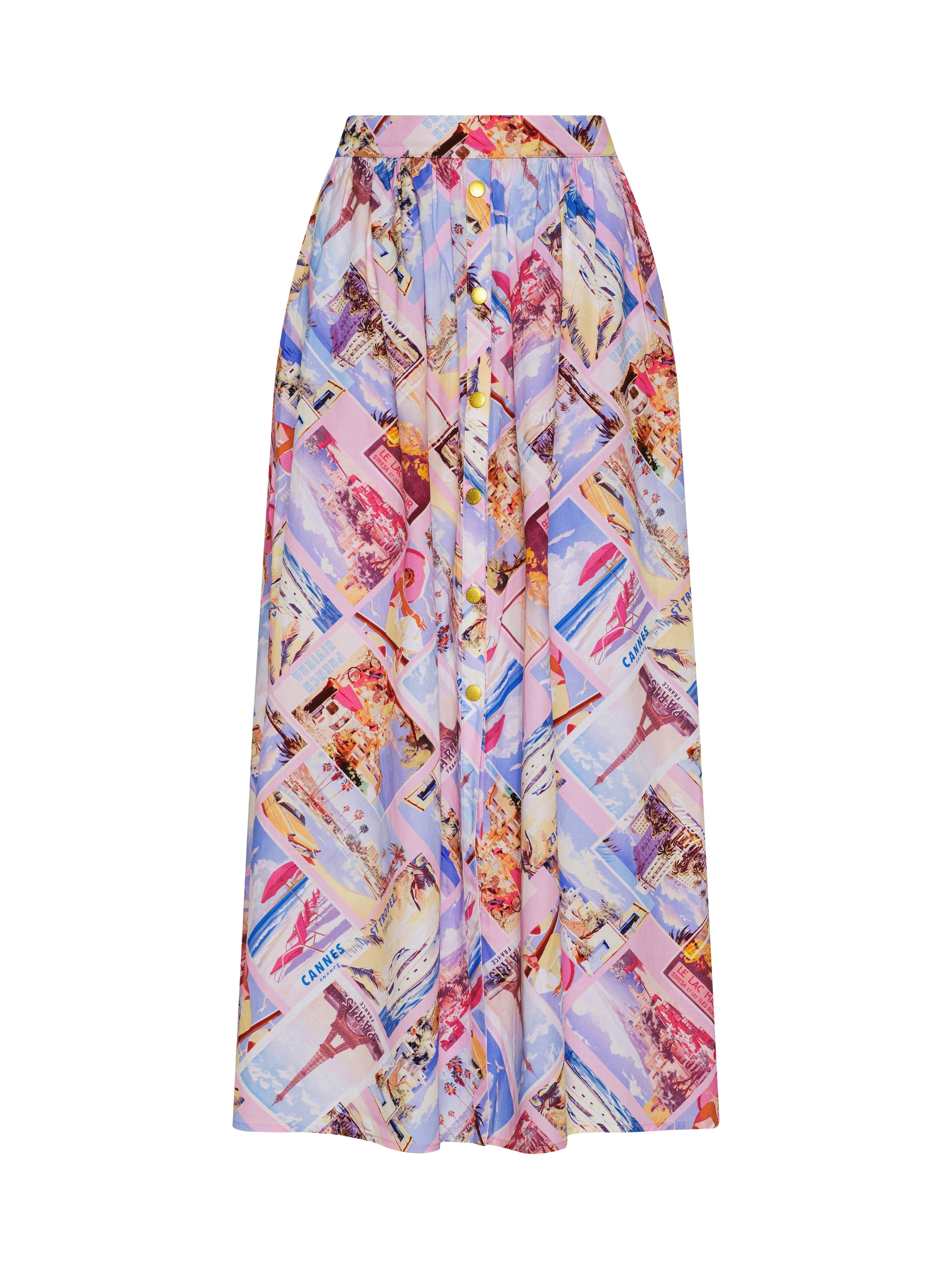 Seina Poplin Midi Skirt In Light Pink Multi Small Postcard Print
