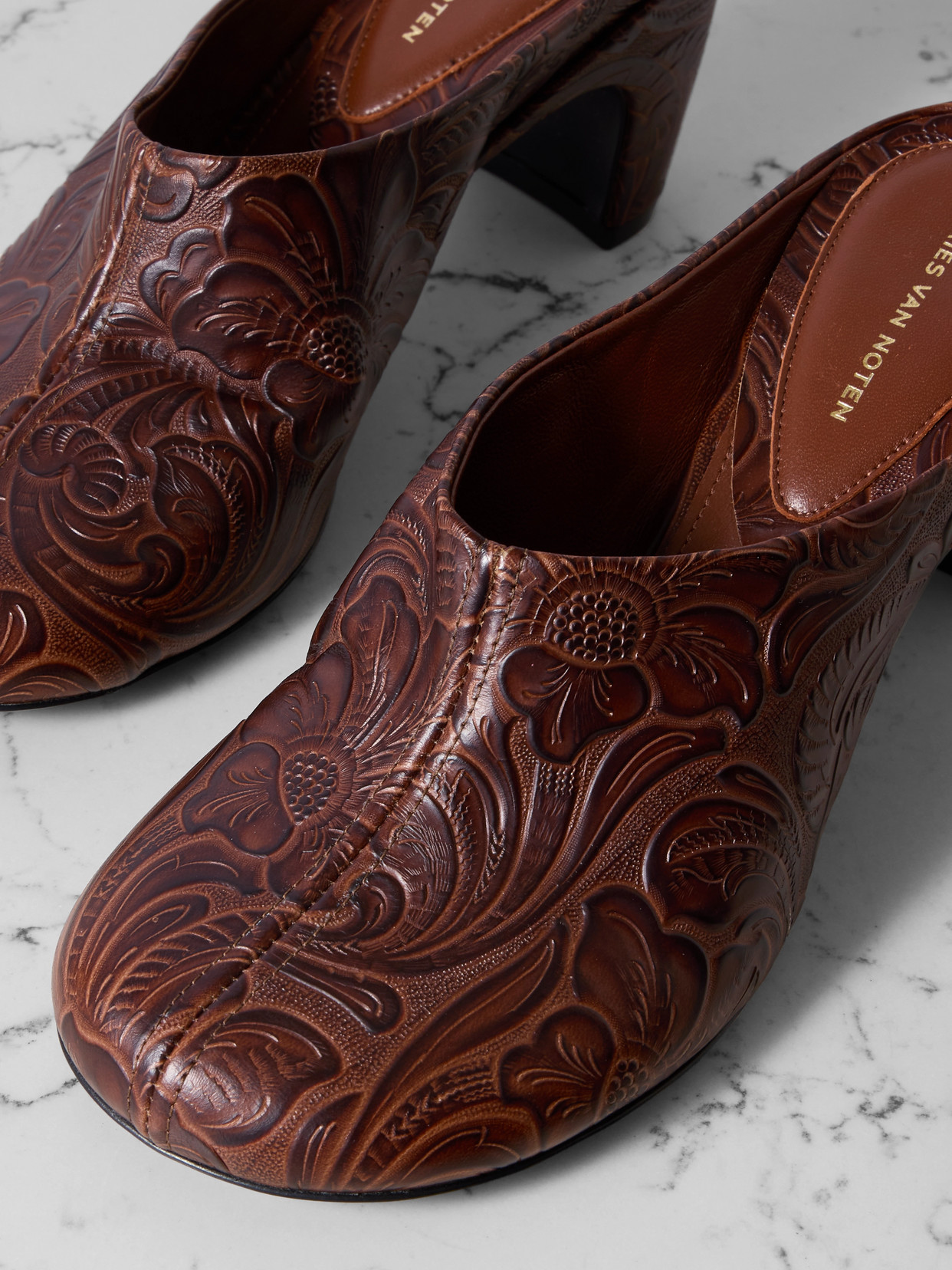 Embossed Leather Mules - Brown
