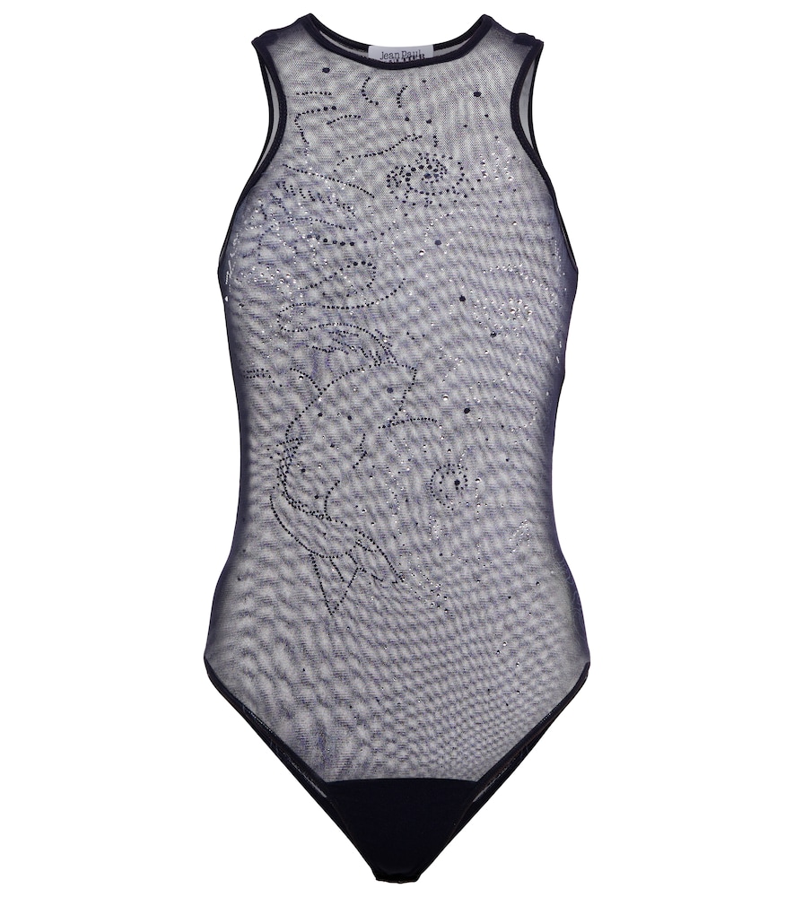 Embellished printed mesh bodysuit