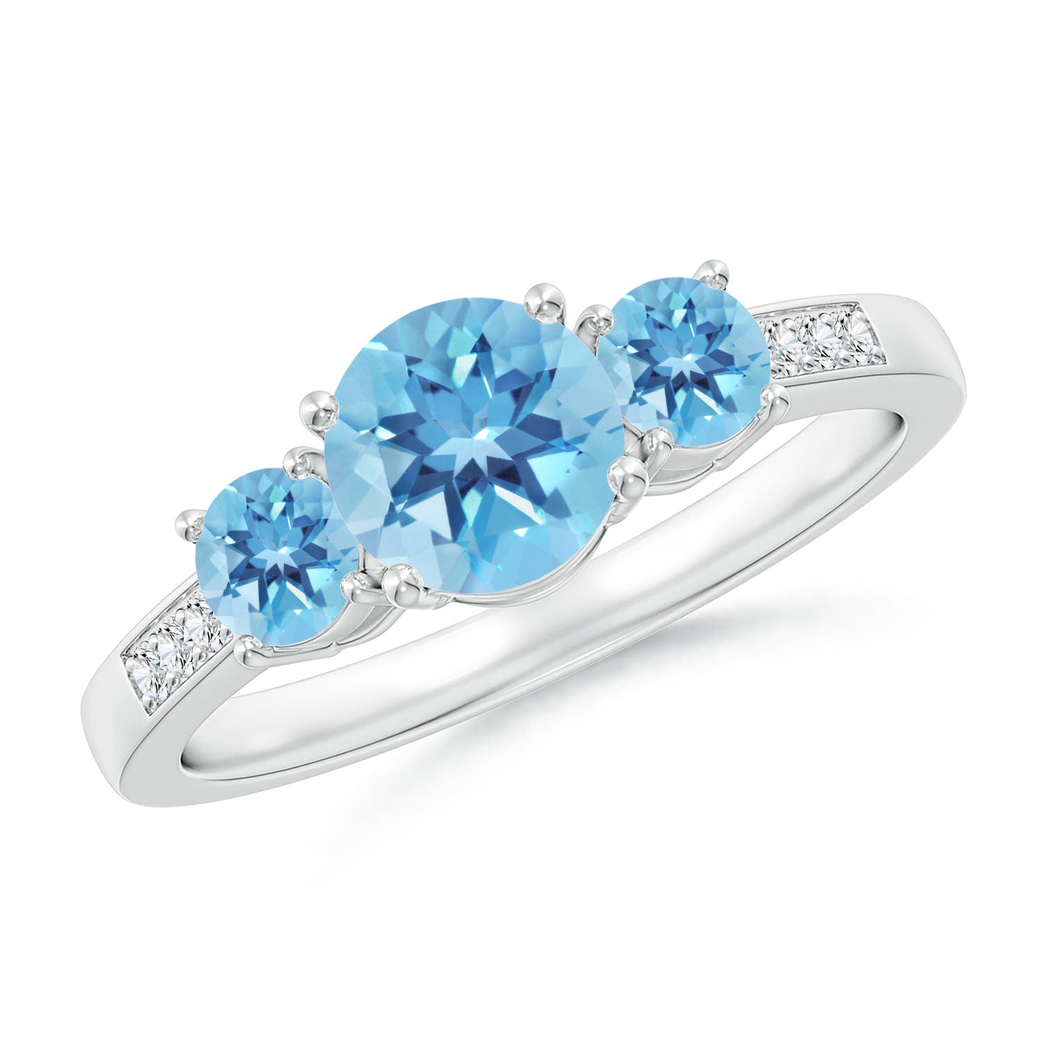 Angara 0.95 Carat Three Stone Round Swiss Blue Topaz Ring with Diamond Accents in Platinum