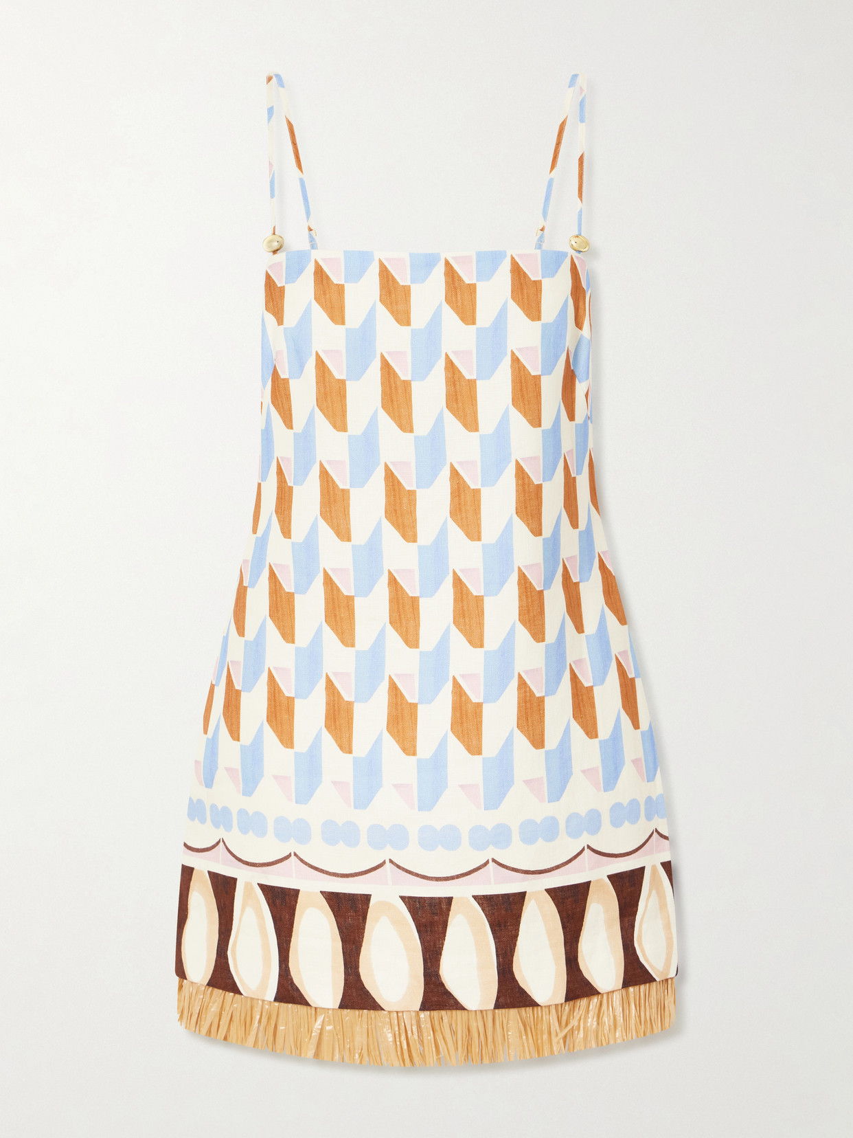 Valencia Printed Fringed Linen Mini Dress - Multi