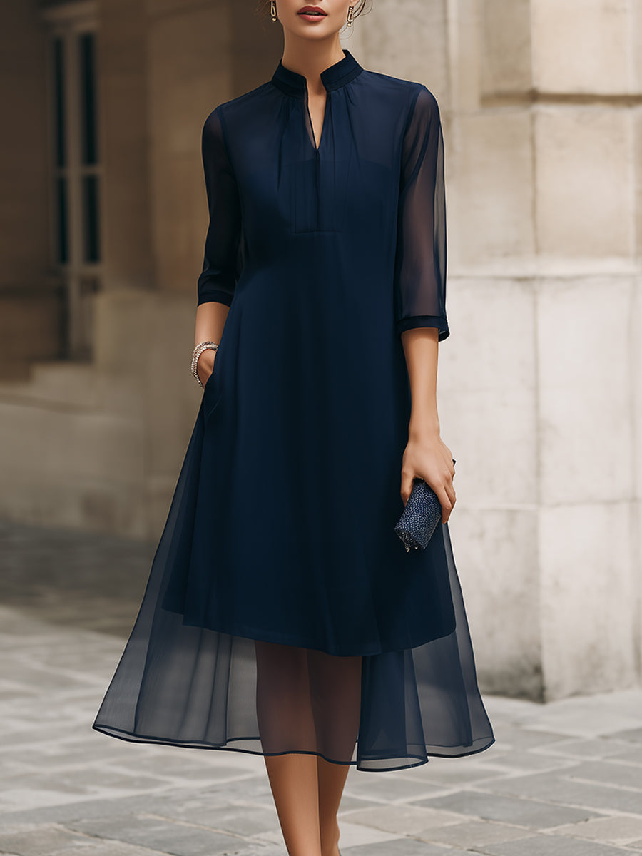 Mandarin Collar Sheer Overlay Midi Dress - Navy Blue