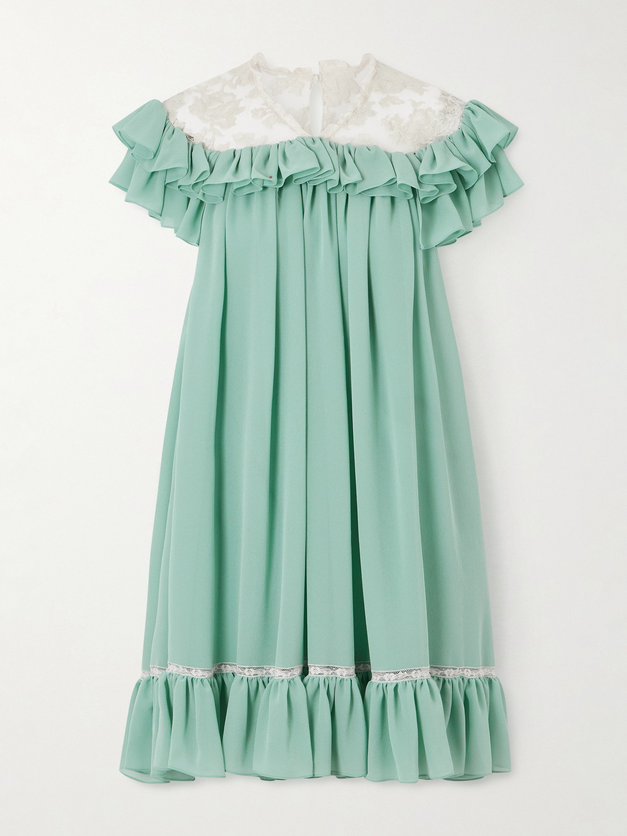Ruffled Lace-trimmed Silk Georgette Mini Dress - Green