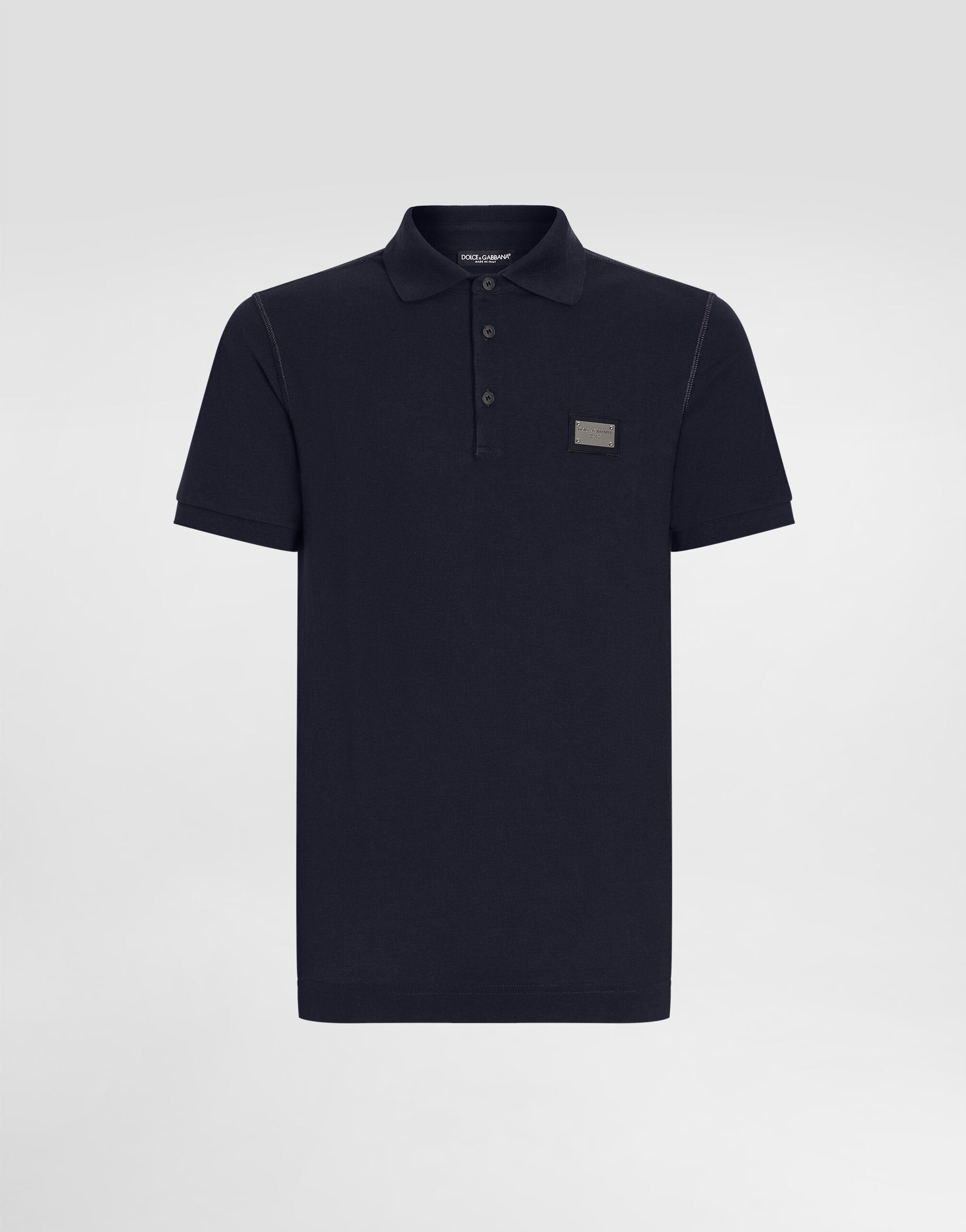 Men's Cotton Polo Shirt with Front Buttons and Logo Metal Plaque