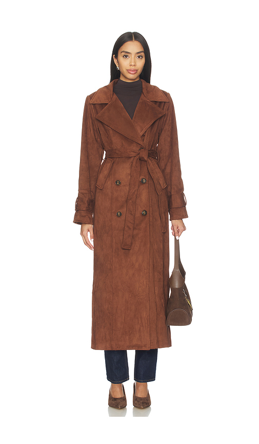 SNDYS Sutton Faux Suede Trench Coat in Chocolate. XXS also in L, M, S, XL