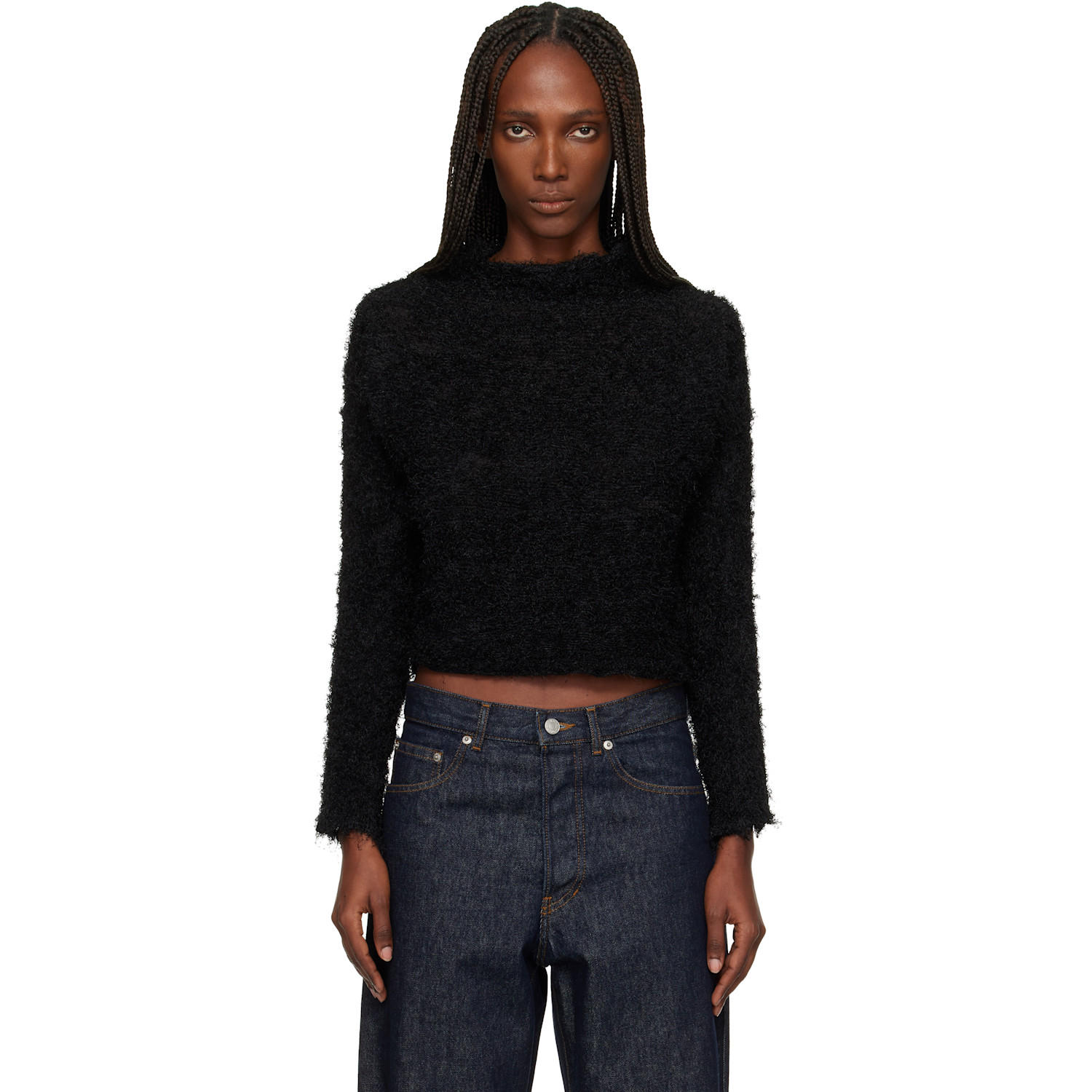 Black Shifted Fuzzy Pleats Sweater
