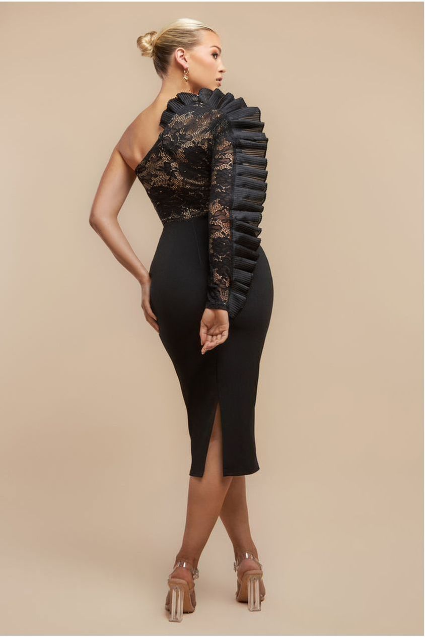 Goddiva One Shoulder Organza Fan Detail Lace Bodice Midi Dress - Black
