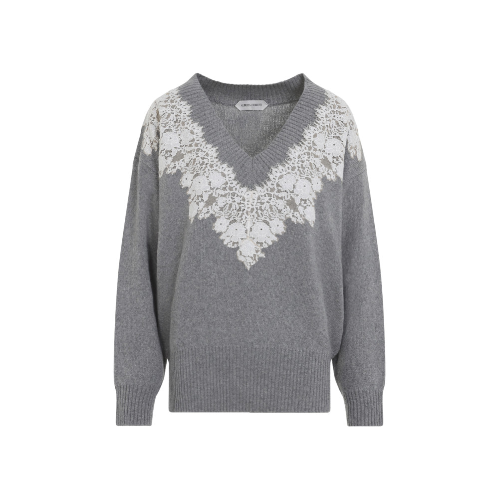 Grey Lace V Neck Sweater