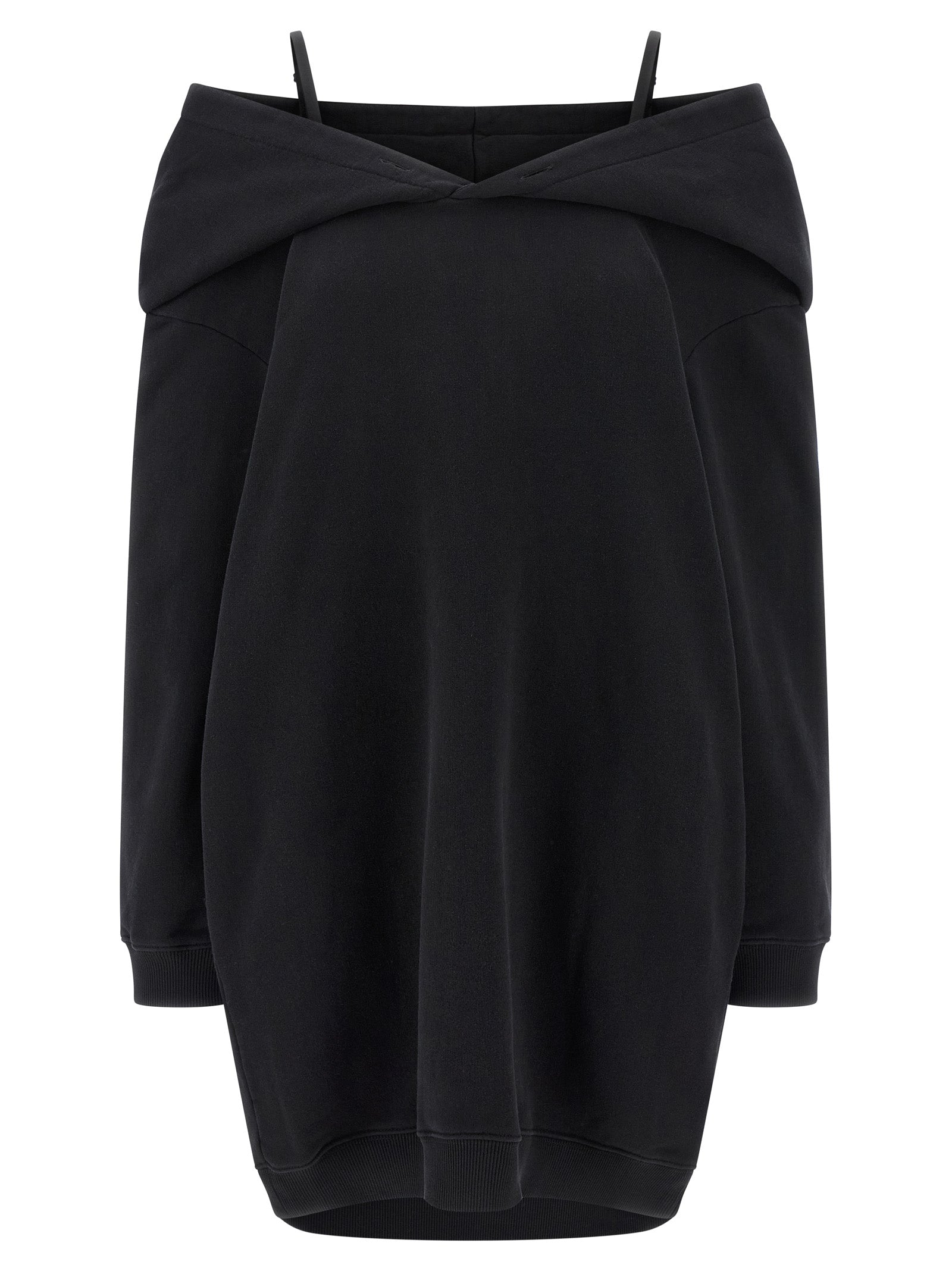 Off-Shoulder Draped Hood Sweatshirt Dress — Black