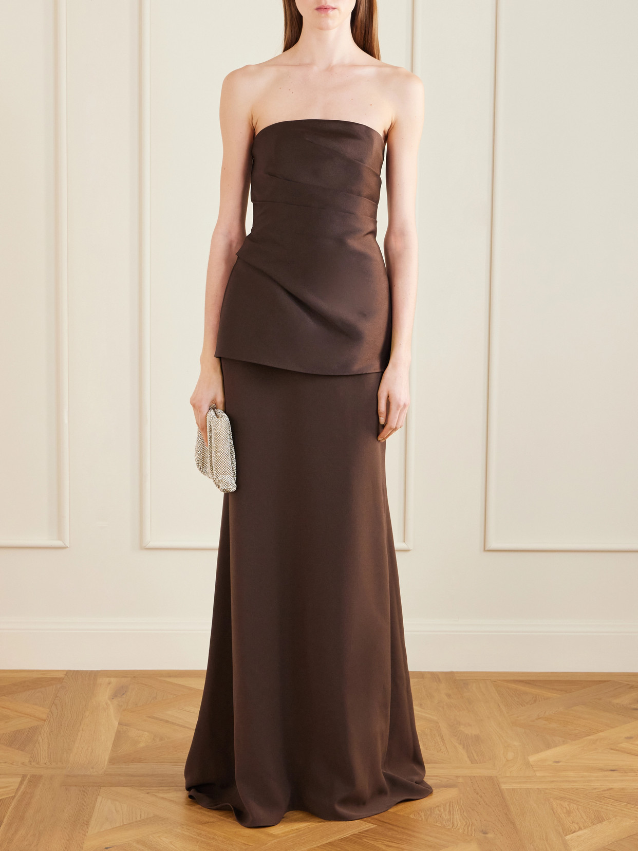 Alia Gathered Satin And Crepe Gown - Brown