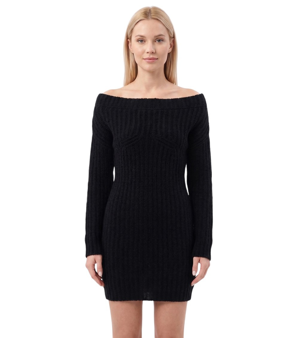 Black Knitted Off Shoulder Mini Dress
