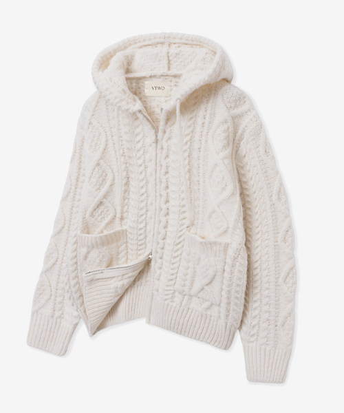 Wool Brush Cable Two Way Hooded Zip-Up Knit_Cream