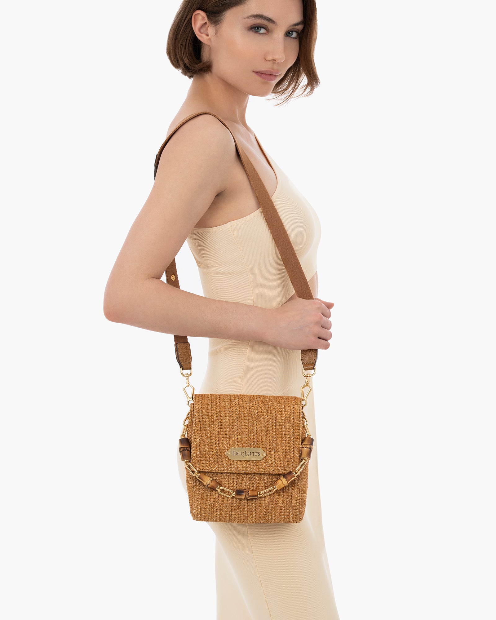 Portofino Raffia Straw Flap Pouch with Leather Trim for Women