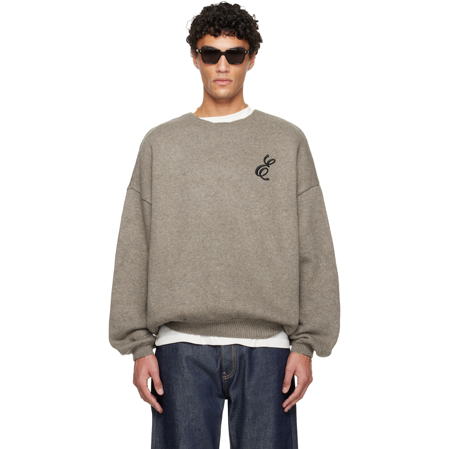 Brown Holiday Embroidered Merino Crewneck Sweater