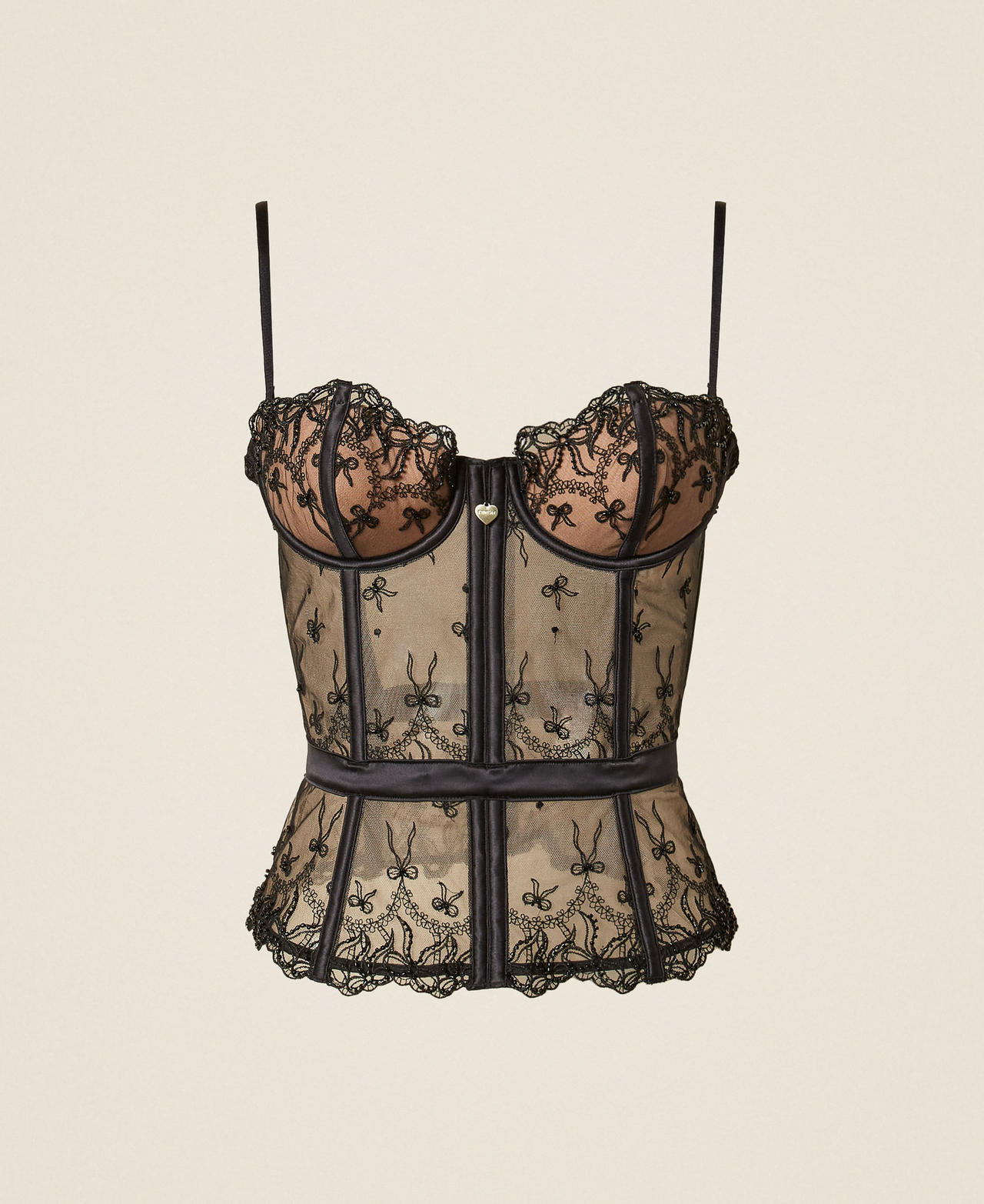 Embroidered tulle bustier with bows