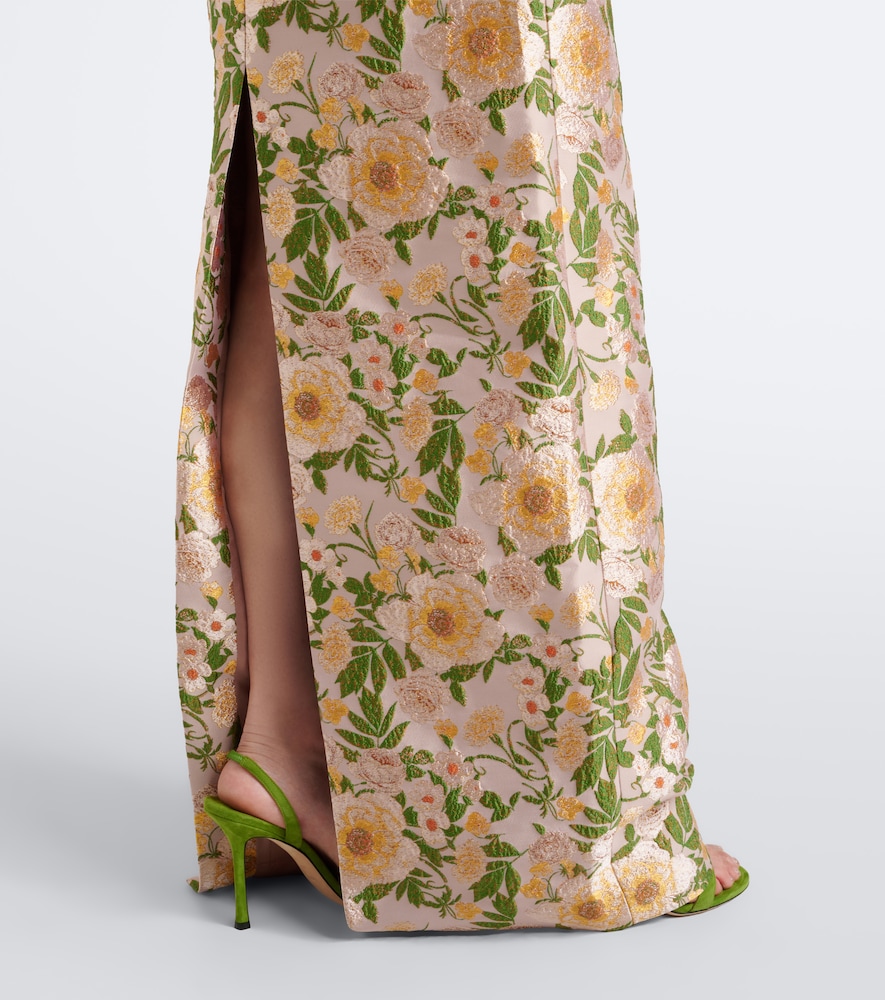 Off-shoulder floral brocade gown